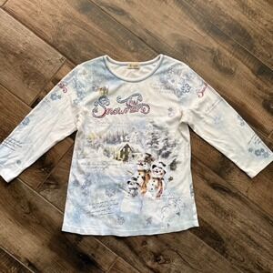 Cactus Y2K Embellished The Snowman Winter Print 3/4 Sleeve Shirt, Blue,M